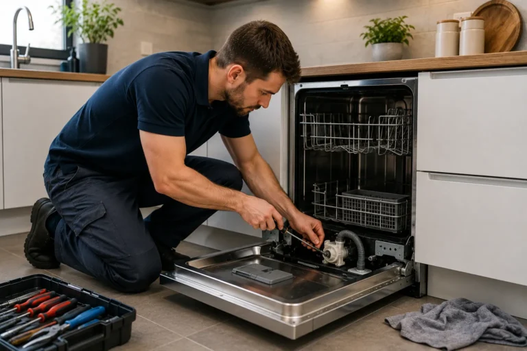 Monteur repareert vaatwasser in moderne keuken