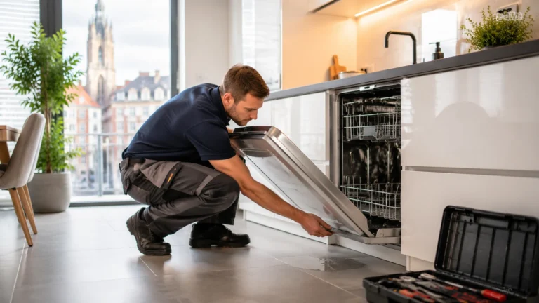Monteur voert vaatwasser reparatie uit aan een ingebouwde vaatwasser in een woning in Den Haag
