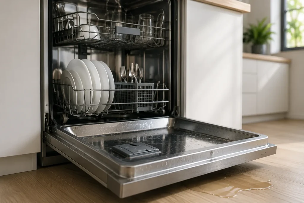 Open vaatwasser met waterlekkage in moderne keuken