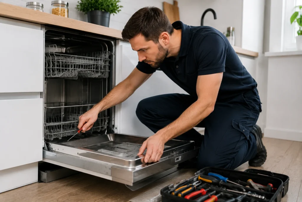Monteur repareert vaatwasser in moderne keuken