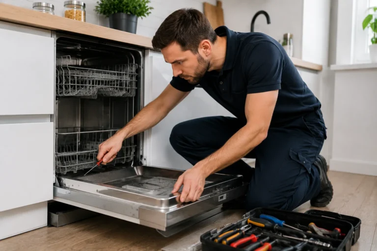 Monteur repareert vaatwasser in moderne keuken