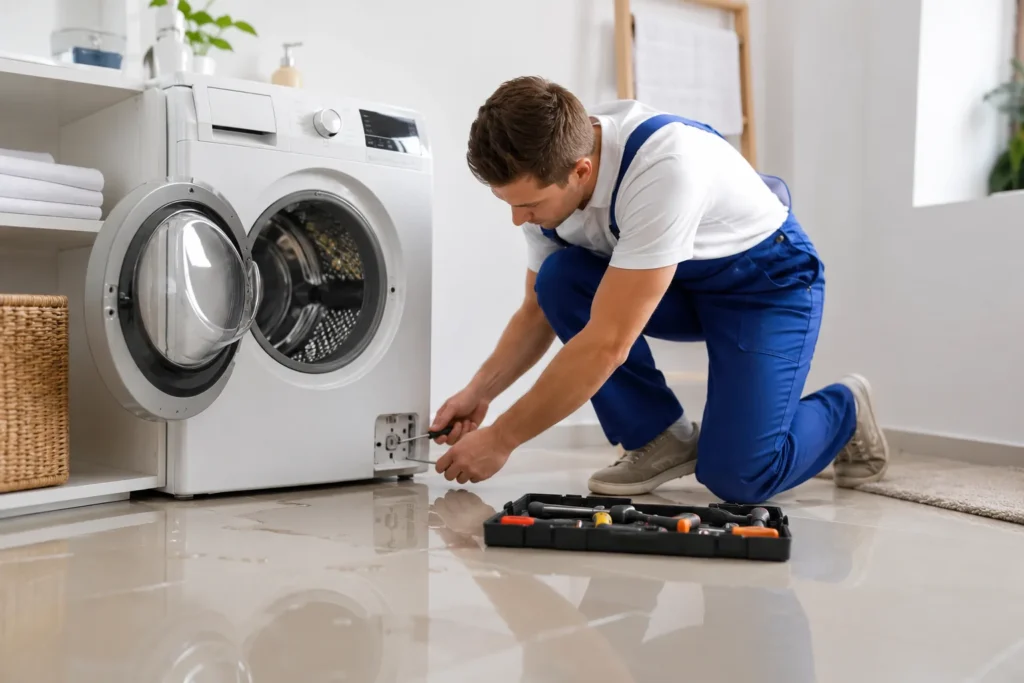 Monteur repareert wasmachine bij waterlekkage in een lichte wasruimte