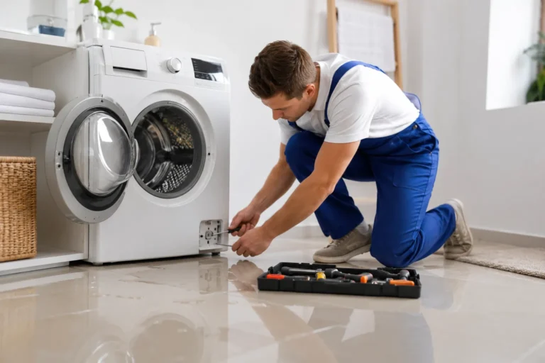 Monteur repareert wasmachine bij waterlekkage in een lichte wasruimte