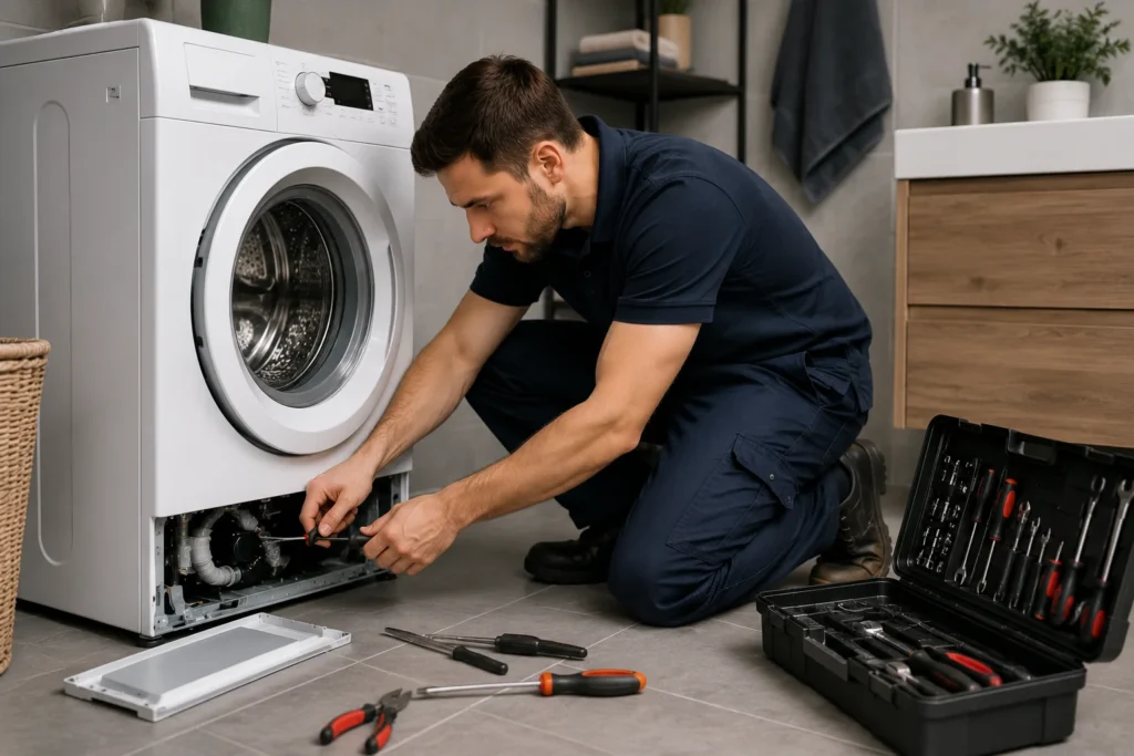 Monteur repareert wasmachine bij lekkage en afpompproblemen