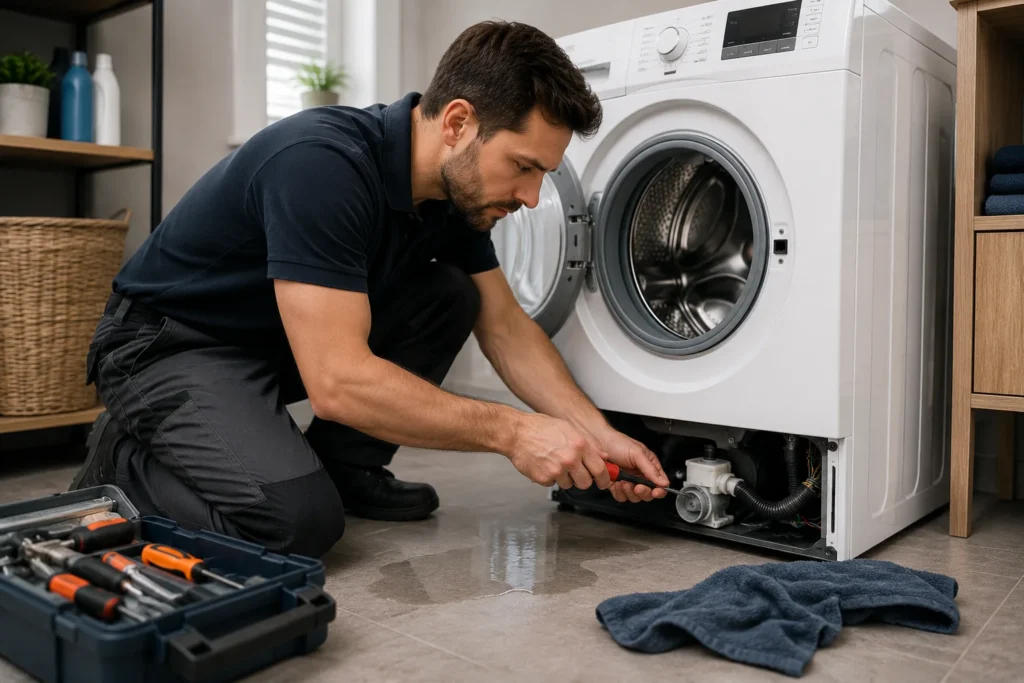 Monteur voert wasmachine reparatie Den Haag uit bij waterverlies, trillingen en afpompproblemen.