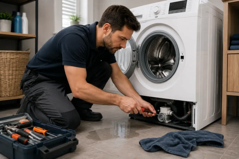 Monteur voert wasmachine reparatie Den Haag uit bij waterverlies, trillingen en afpompproblemen.