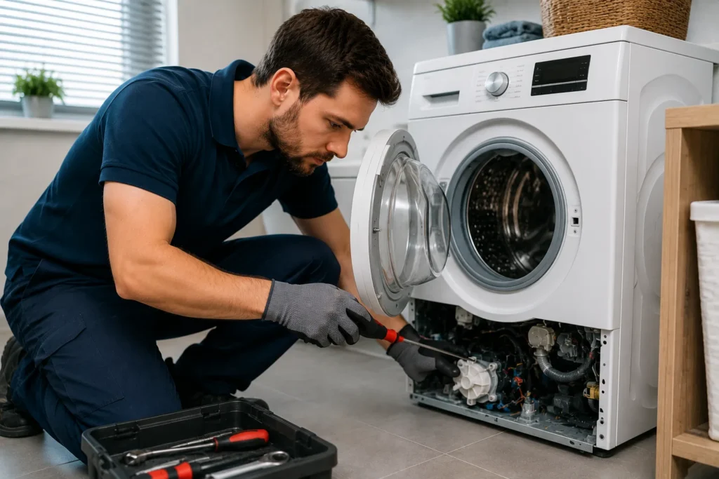 Wasmachine reparatie Den Haag monteur controleert defecte wasmachine