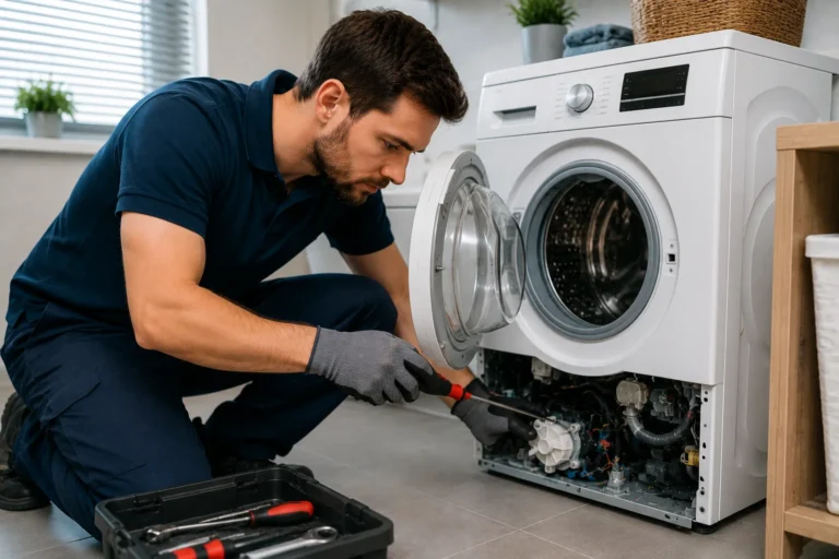 Wasmachine reparatie Den Haag monteur controleert defecte wasmachine