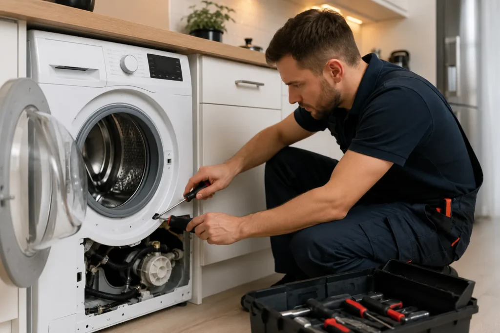 Monteur repareert een wasmachine aan huis in Den Haag