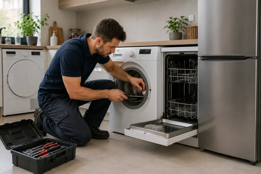 Monteur repareert witgoed apparaat in moderne keuken