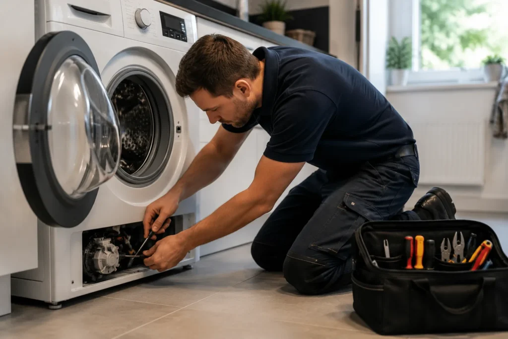 Monteur repareert wasmachine voor witgoed reparatie Den Haag