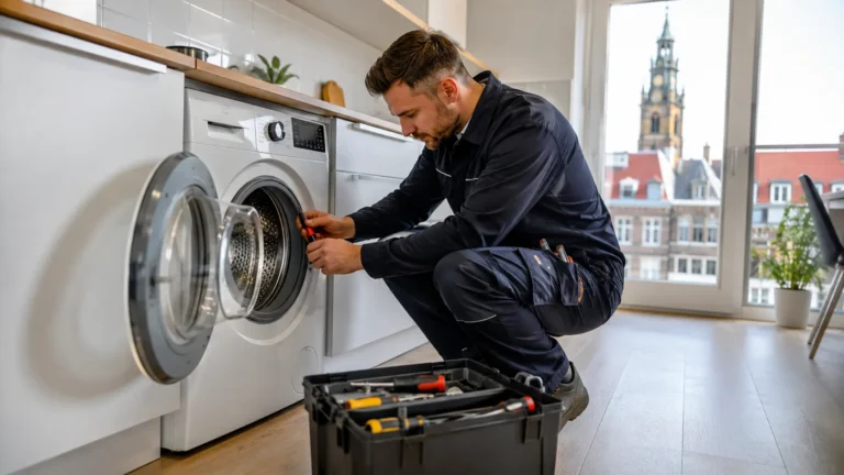 Monteur voert witgoed reparatie uit aan een wasmachine in een woning in Den Haag