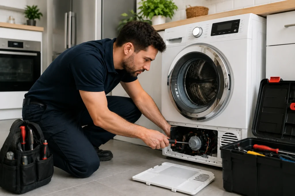 Witgoed reparatie Den Haag door monteur die een wasmachine aan huis onderzoekt