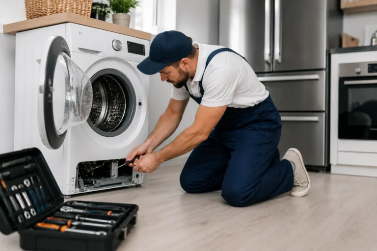 Monteur repareert witgoed apparaat in moderne woning